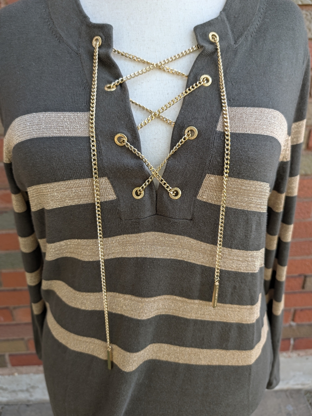 Michael Kors Striped Lace-Up Women’s Sweater in Olive and Gold